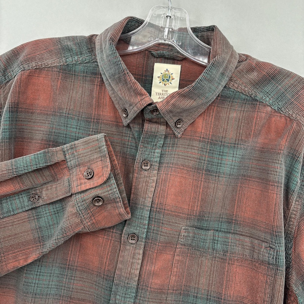 Territory Ahead Shirt Mens XL Brown Red Shadow Plaid Button Long Sleeve Corduroy